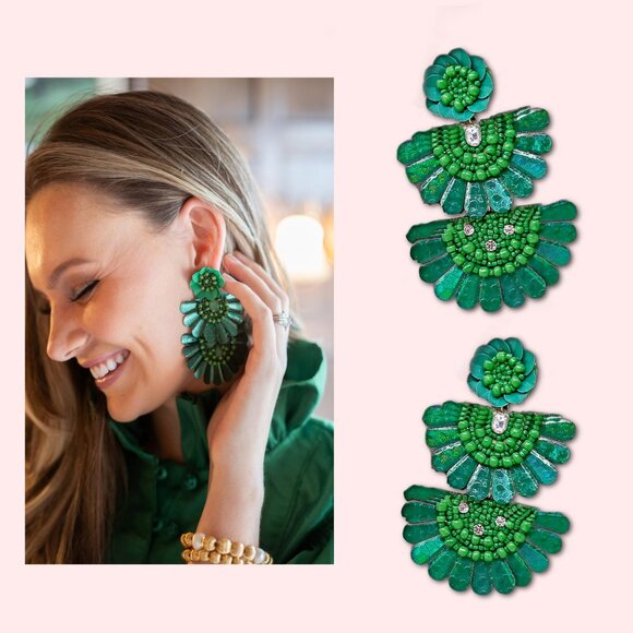 Deepa Gurnani Jewelry - NEW Deepa Gurnani Flat Sequin Austrian Crystal Seed Beaded Green LG Earrings